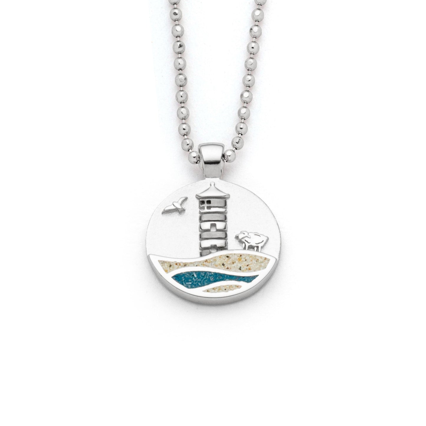 Anhänger Strandwellen 15 mm "Pilsumer Leuchtturm" Strandsand/blauer Steinsand